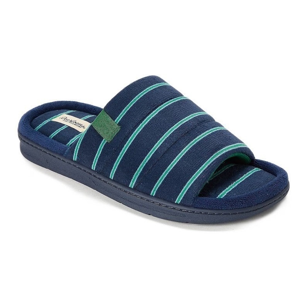 Dearfoams Cozy Comfort Mens Striped Slide Slippers Navy Green Large 11-12 NWT